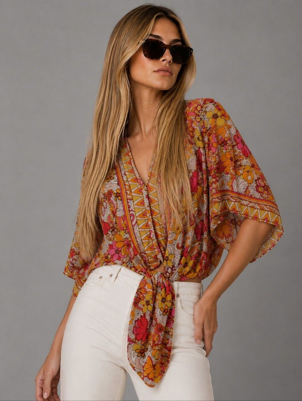 Women's Size XL Floral Rayon Tie Front Blouse 70s Festival Coachella